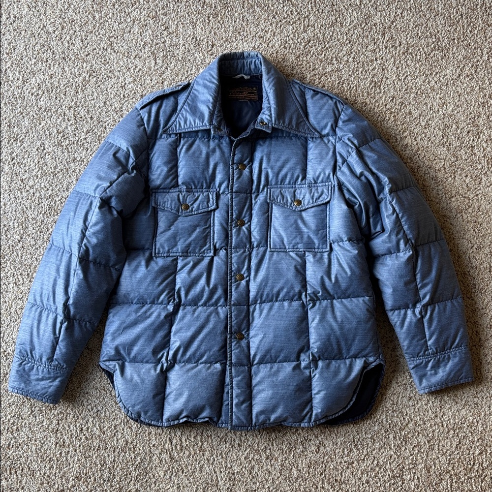 VTG 70’s Eddie Bauer Down Insulated Quilted Shirt Jacket Denim Chambray Blue L